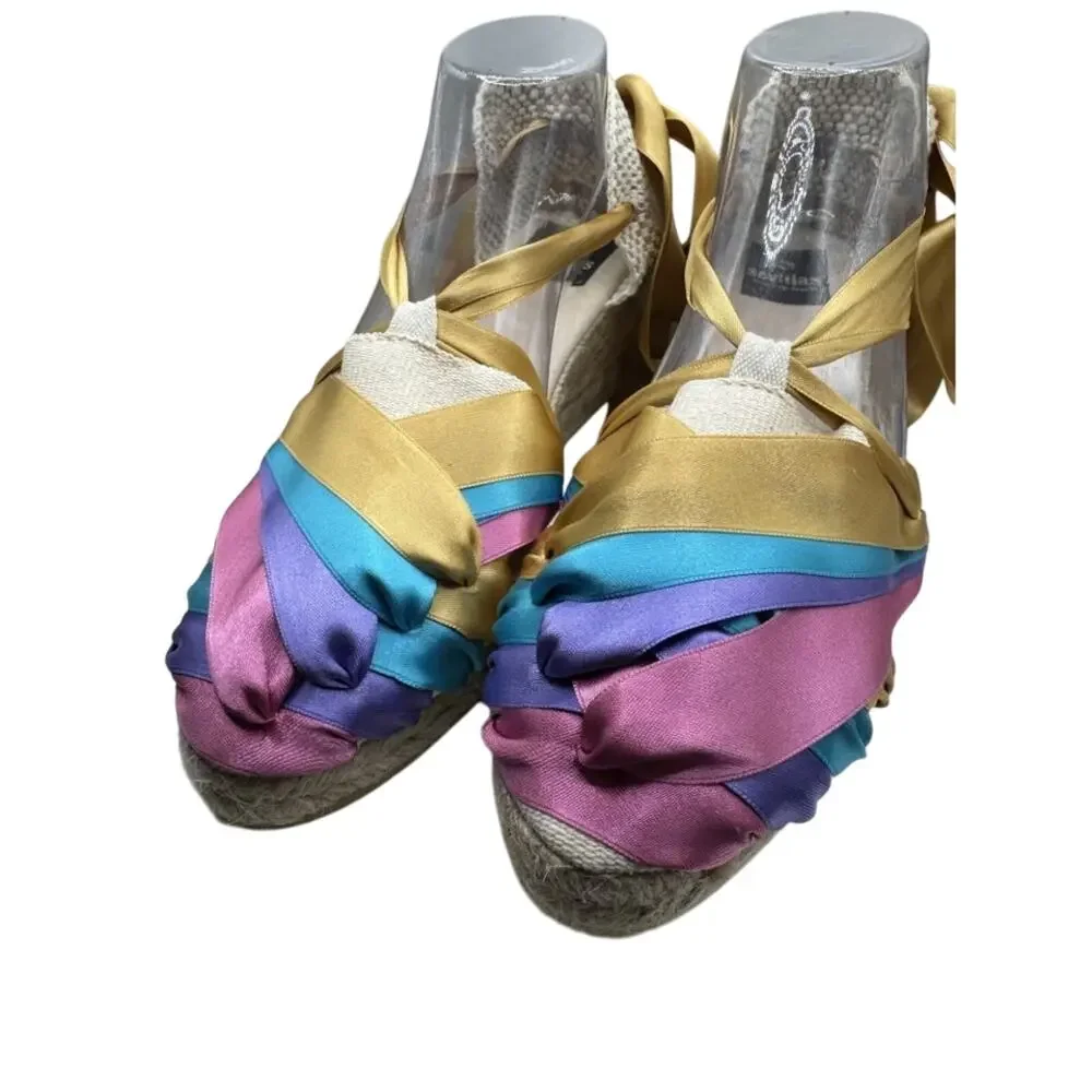 Sevillas Women Multicolored Ribbon Wedge Espadrille Sandals Gold Ties Size 42
